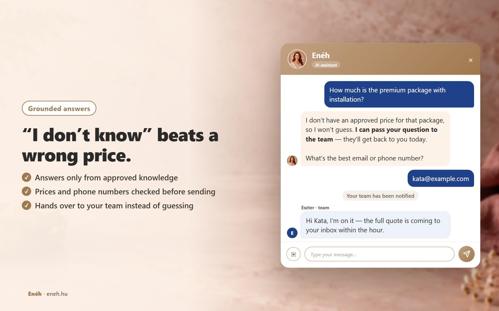 A visitor asks for the price of a premium package with installation; Enéh says it has no approved price and won’t guess, offers to pass the question to the team, collects an email, and a team member joins the chat