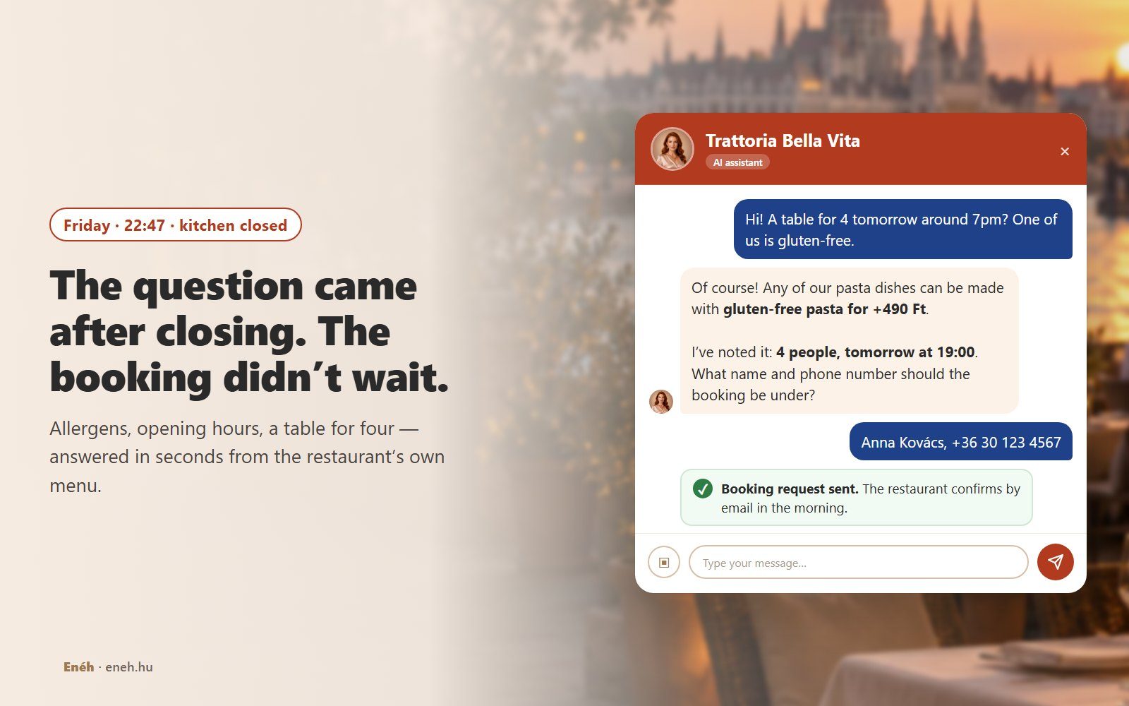 An Enéh chat window for Trattoria Bella Vita: a guest asks for a table for four with a gluten-free option late on Friday, and the assistant records the booking request