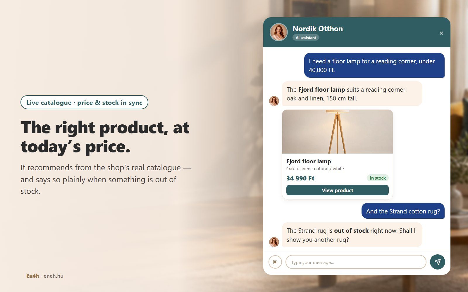 The Nordik Otthon demo shop’s assistant recommends the Fjord floor lamp with a product card showing 34,990 Ft and in stock, then says the Strand rug is out of stock