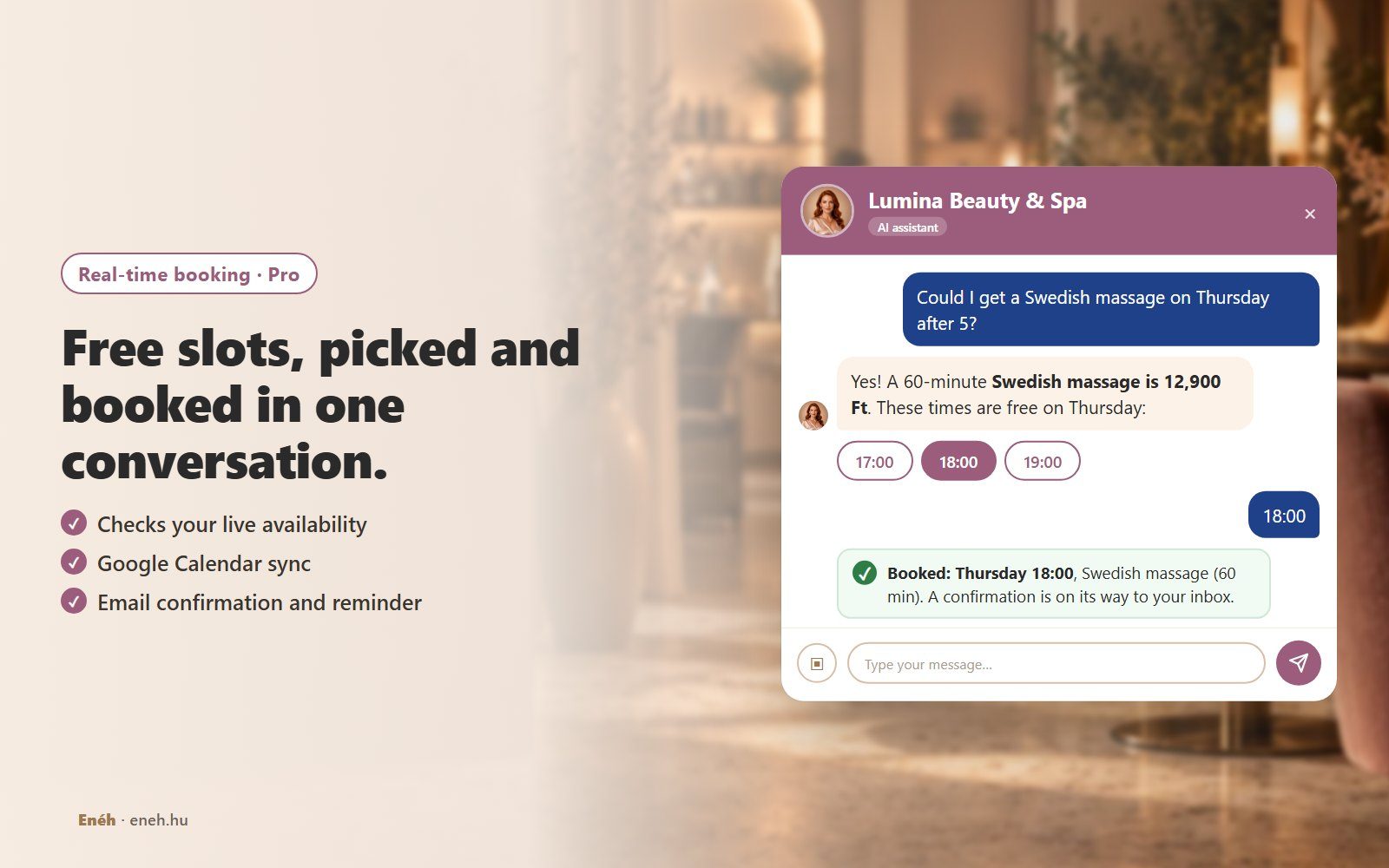 The Lumina Beauty & Spa assistant quotes a 60-minute Swedish massage at 12,900 Ft, offers free Thursday slots as buttons, and confirms the 18:00 booking
