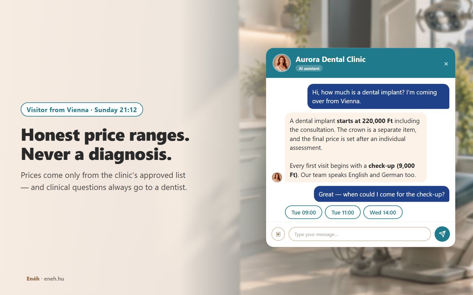The Aurora Dental Clinic assistant tells a visitor from Vienna that an implant starts at 220,000 Ft including consultation, that the crown is separate and the final price follows an assessment, and offers check-up slots