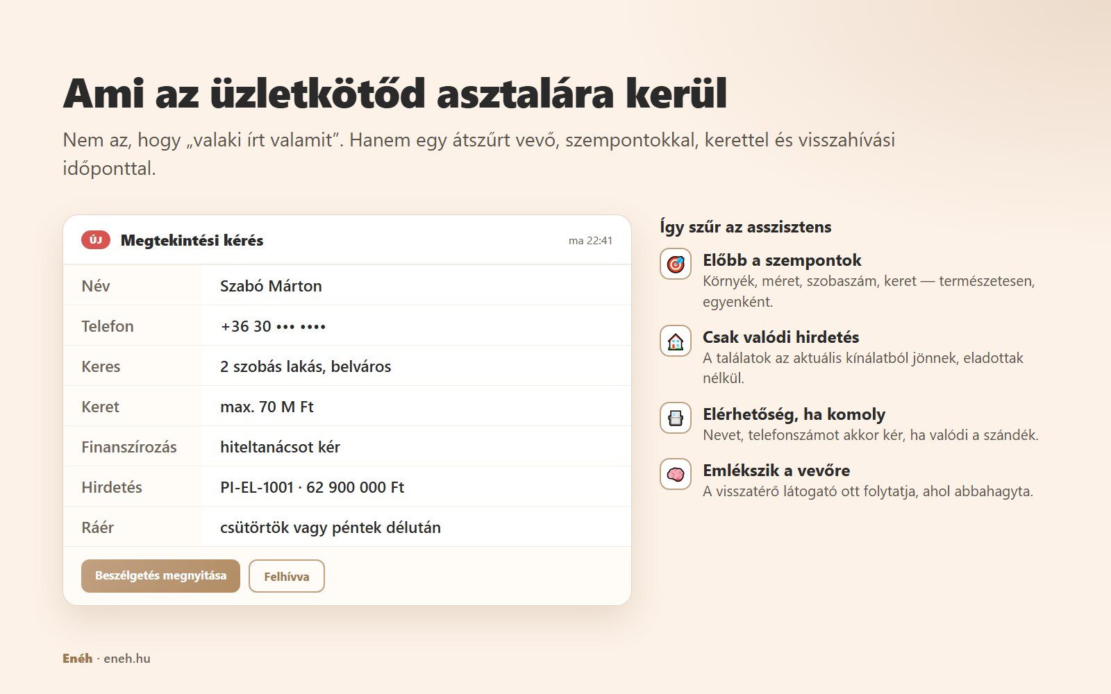 Új megtekintési kérés kártyája a felületen: név, maszkolt telefonszám, 2 szobás belvárosi lakást keres, max. 70 M Ft keret, hiteltanácsot kér, PI-EL-1001-es hirdetés, csütörtök vagy péntek délután ér rá