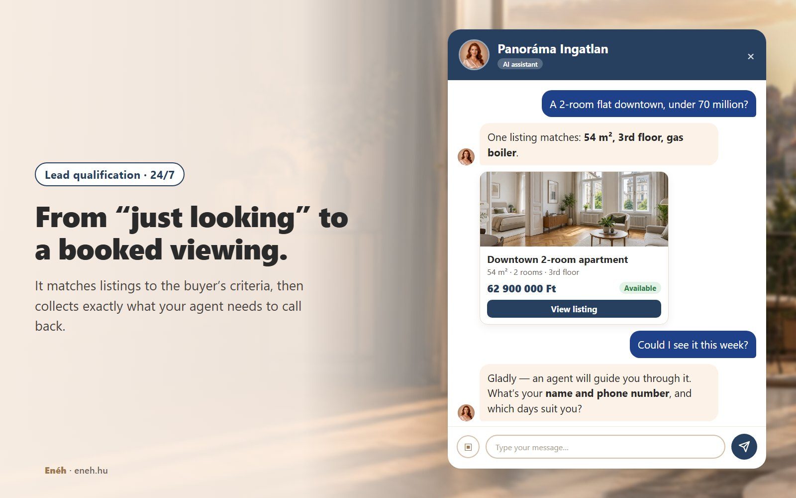 The Panoráma Ingatlan assistant matches a request for a downtown 2-room flat under 70 million to a 62.9 million listing, shows a property card, and asks for name and phone to book a viewing
