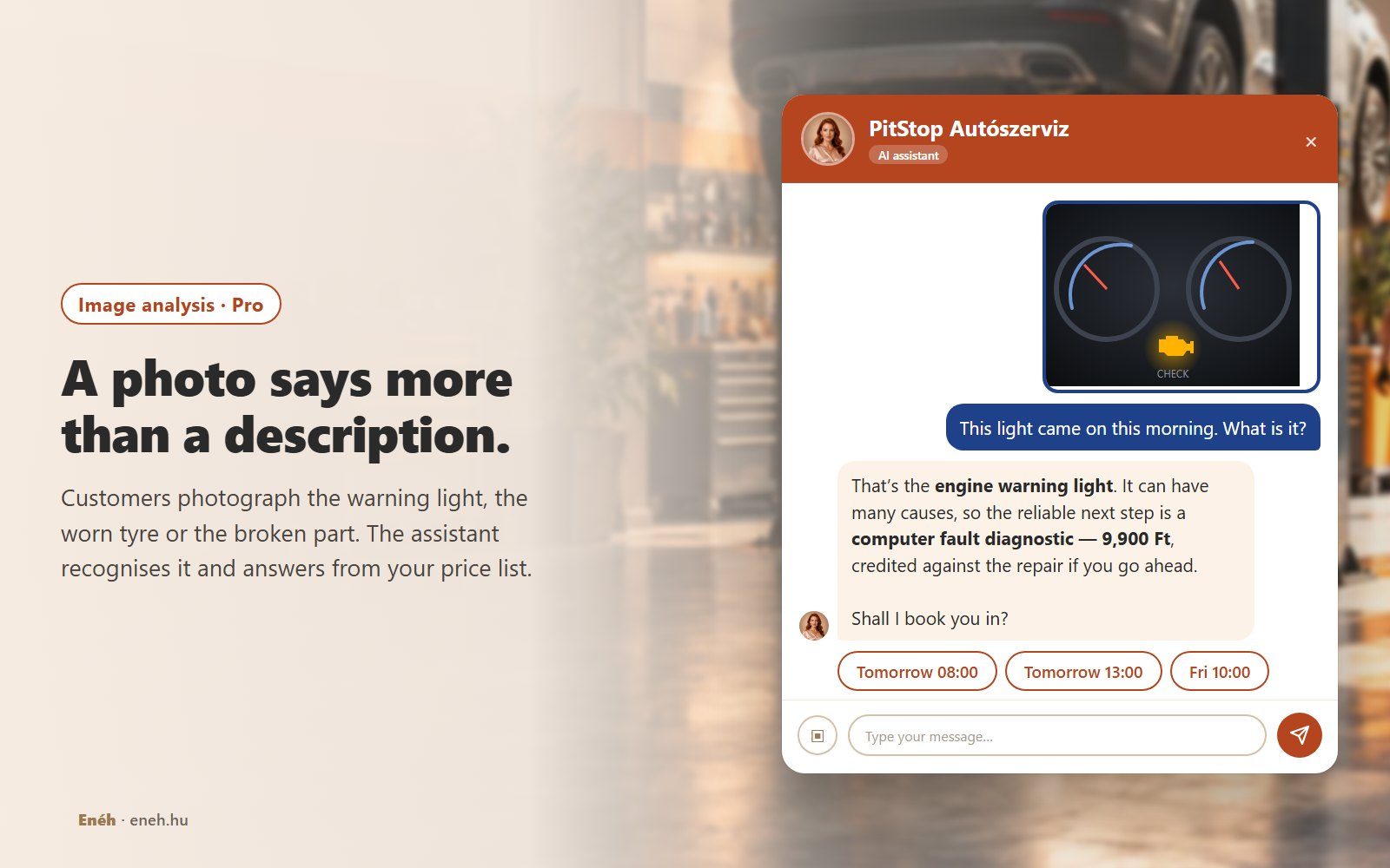 A customer sends a photo of a dashboard with an amber engine warning light to the PitStop Autószerviz assistant, which identifies the light, recommends a 9,900 Ft computer diagnostic credited against the repair, and offers booking slots