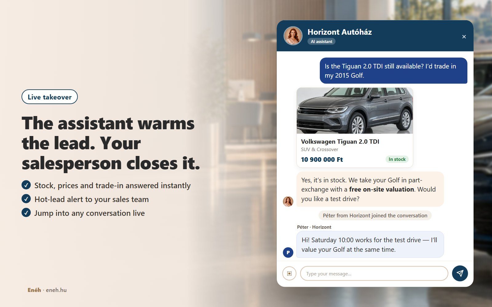 The Horizont Autóház assistant confirms a Volkswagen Tiguan 2.0 TDI is in stock at 10,900,000 Ft, offers a free trade-in valuation and a test drive, then salesperson Péter joins the chat live to arrange Saturday 10:00