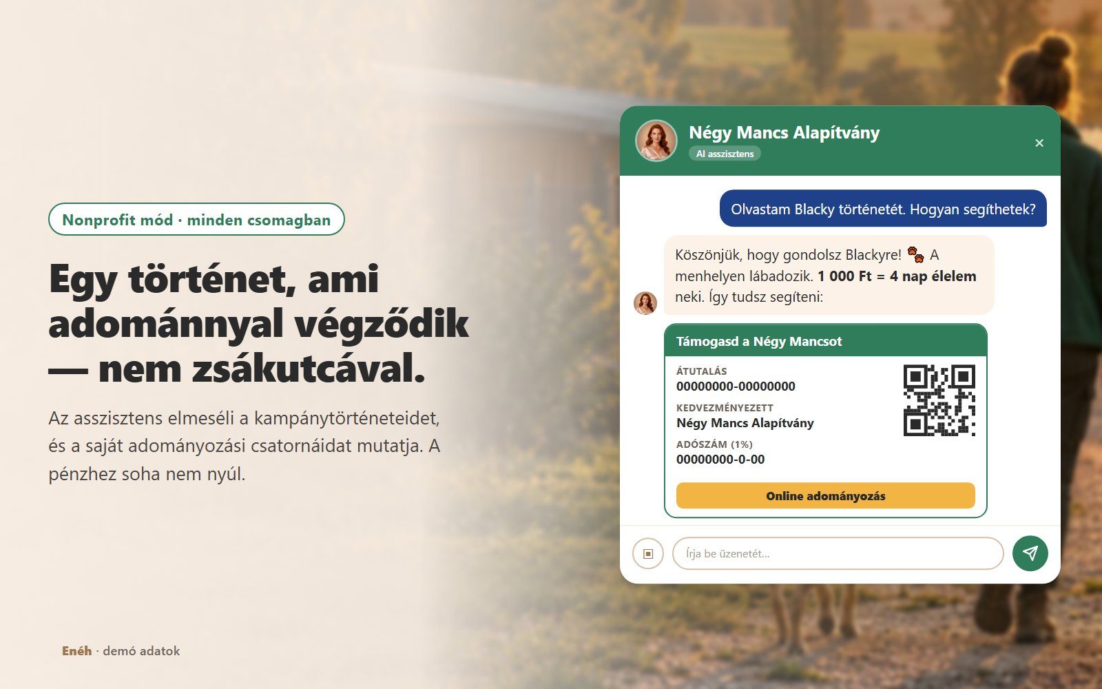 A Négy Mancs Alapítvány asszisztense megköszöni egy látogatónak, hogy Blacky történetét olvasta, elmondja, hogy 1 000 Ft négy nap élelem, és adománykártyát mutat bankszámlaszámmal, kedvezményezettel, 1%-os adószámmal, QR-kóddal és online adományozás gombbal (demó adatok)