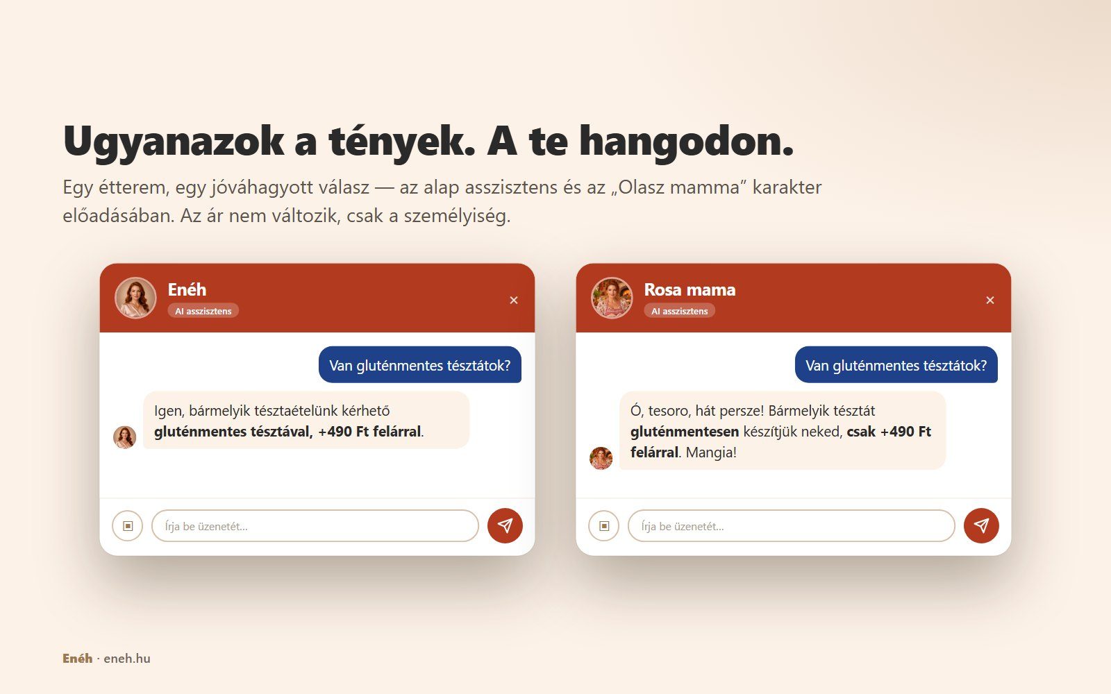 Ugyanannak az étteremnek két chatablaka válaszol a „Van gluténmentes tésztátok?” kérdésre: az alap Enéh asszisztens tárgyilagosan, az Olasz mamma karakter melegen — mindkettő ugyanazzal a +490 Ft-os felárral