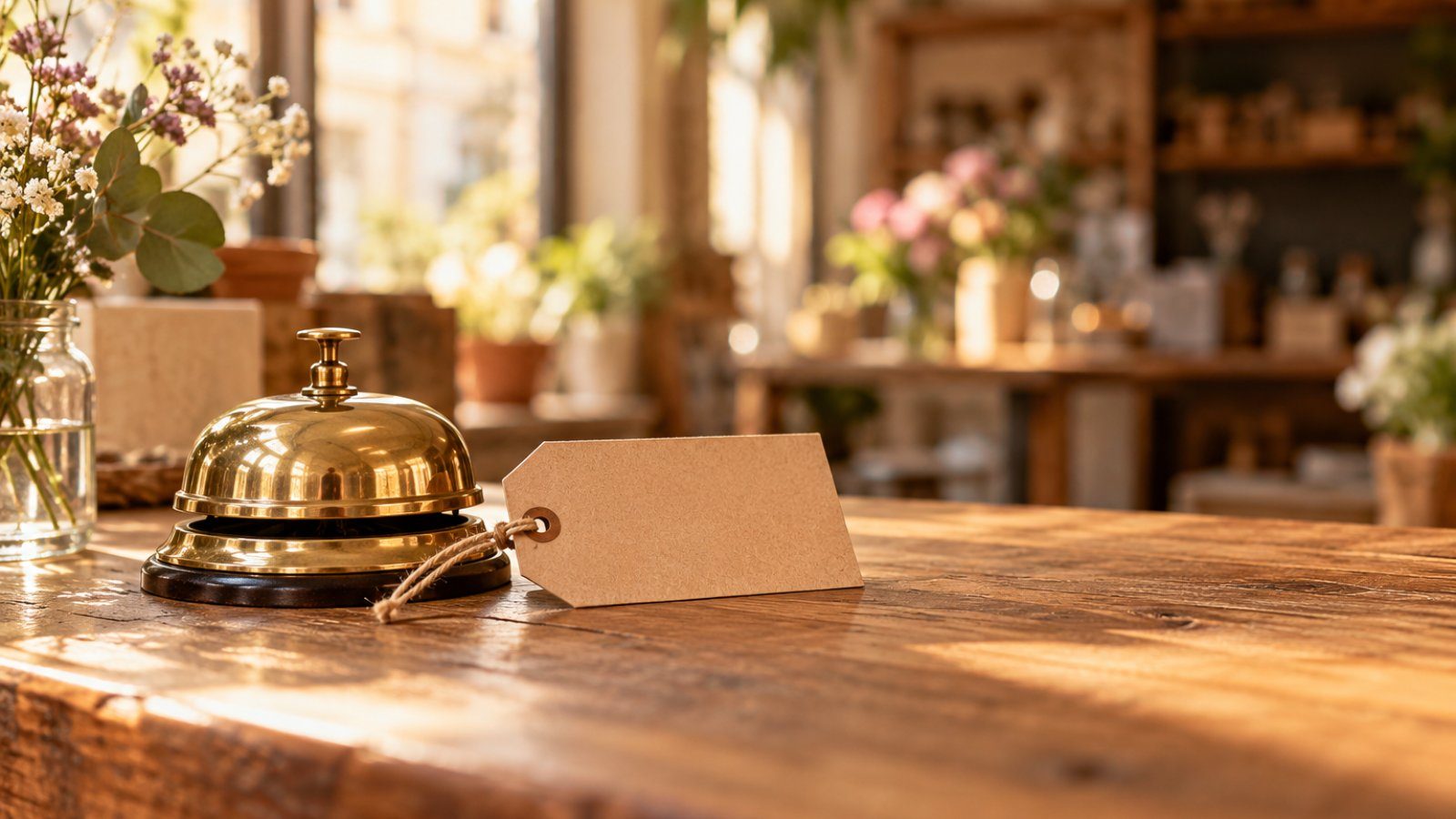 A small brass shop bell and a blank kraft-paper price tag on a wooden counter, softly lit