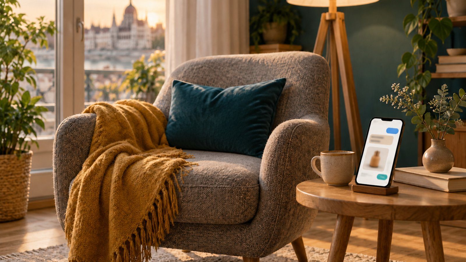 A Scandinavian-style living room with a floor lamp and armchair, a smartphone on a side table showing a shopping chat