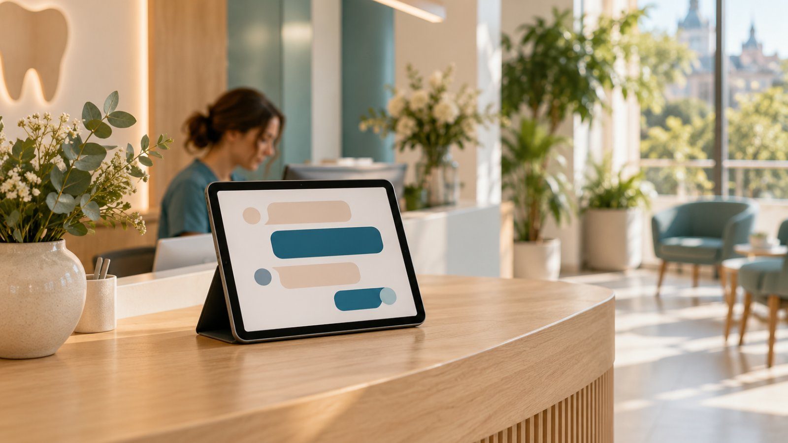 A bright, modern dental clinic reception with plants and soft daylight, a tablet on the counter showing a chat