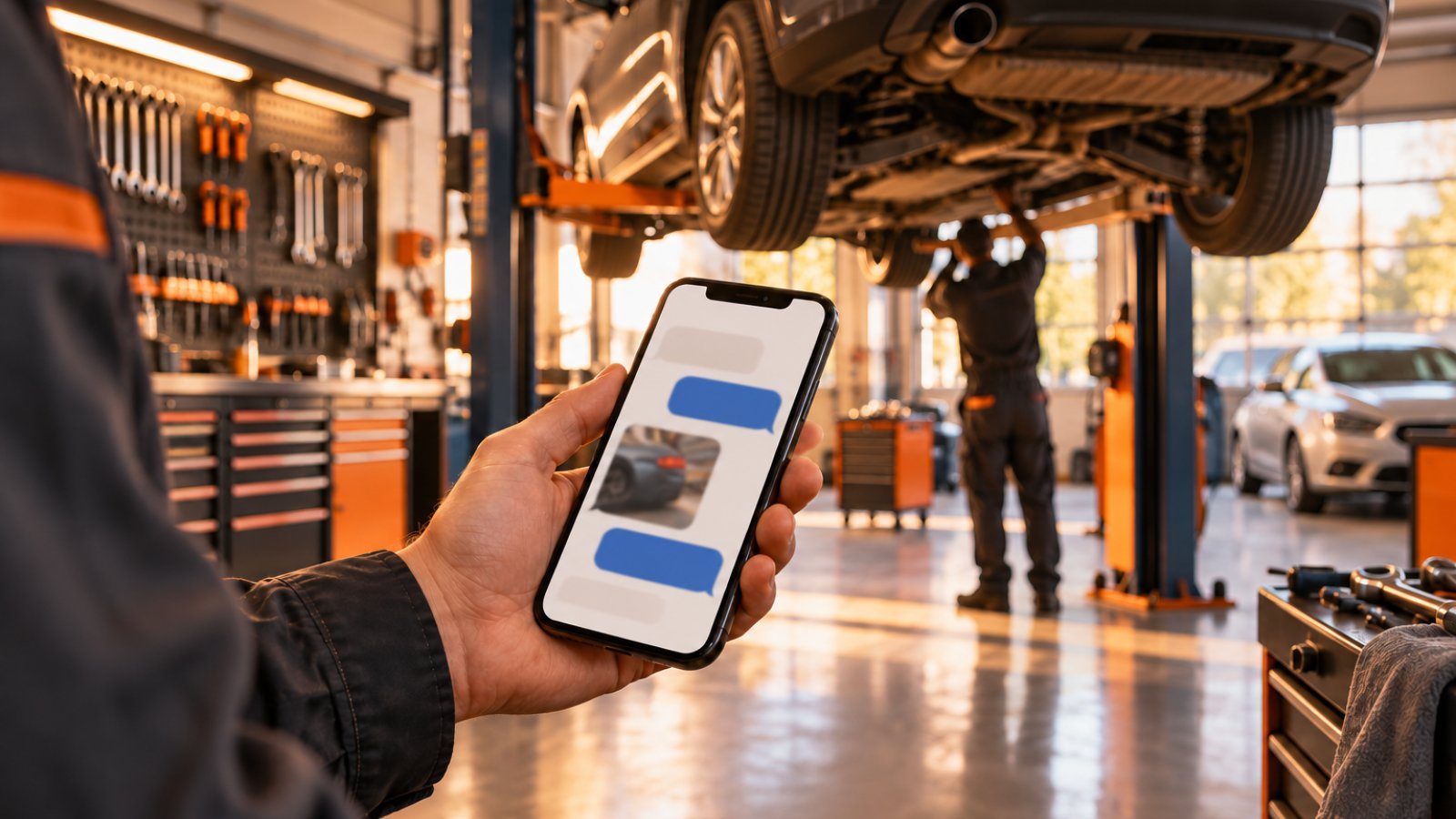 A clean, well-lit car workshop with a car on a lift, a mechanic’s hand holding a phone with a chat open